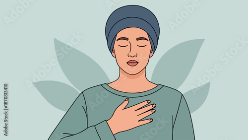 Portrait of a woman in a blue headscarf and light green shirt with leaf-like background