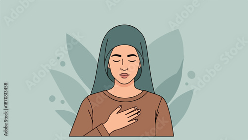 Portrait illustration of a woman with teal hair and a brown top in a serene, abstract background