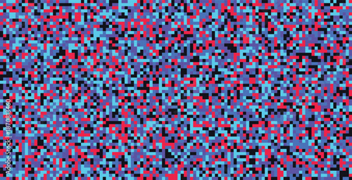 A visually noisy abstract pixelated pattern background composed of small, randomly distributed pixels in shades of blue red and black
