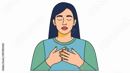 Young woman with dark blue hair wearing a light blue top and yellow choker necklace in a serene, contemplative pose