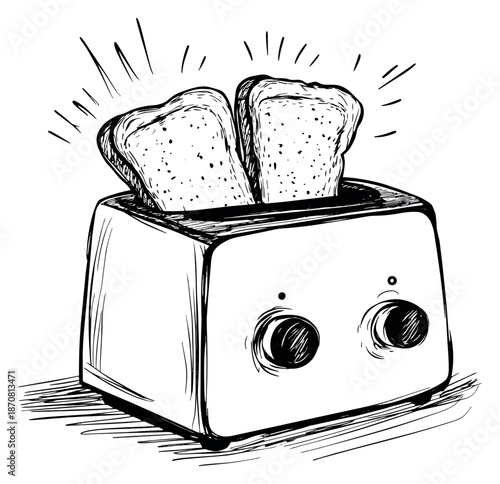 Hand drawn line art illustration of toast popping from a toaster depicting breakfast preparation for a kitchen context