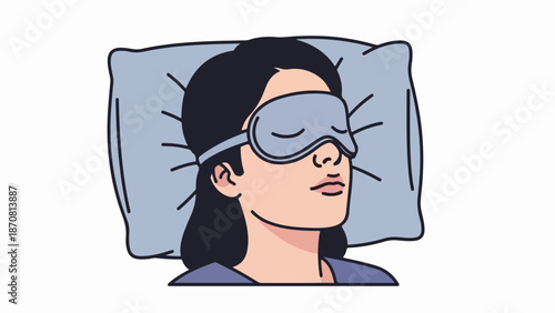Portrait illustration of a woman in deep relaxation with a light blue sleep mask and pillow