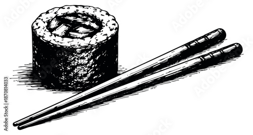 Hand drawn line art illustration of a sushi roll and chopsticks depicting a tasty oriental dish for food and dining designs