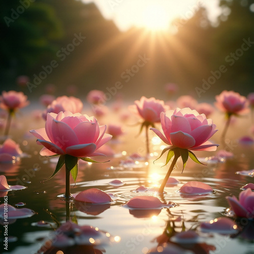 Wallpaper Mural Pink lotus flower blossom in pond water, a beautiful pink water lily in nature Torontodigital.ca