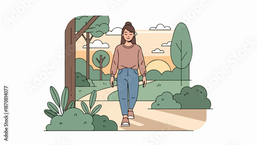 Young woman walking on dirt path in lush green landscape with rolling hills and golden sky