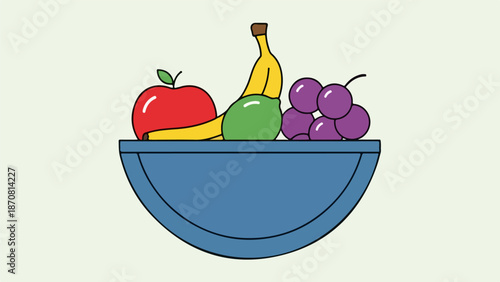 Semi-circular blue fruit bowl with overflowing colorful fruits on light blue background