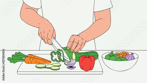 Woman in white shirt slicing green bell pepper on cutting board with fresh vegetables in kitchen