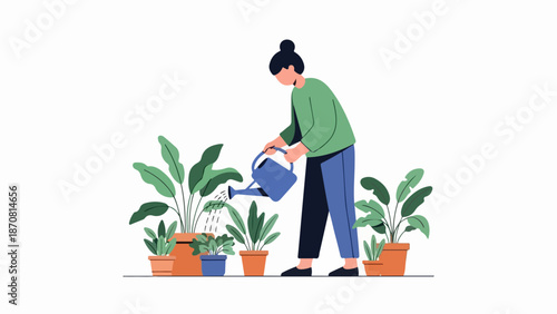 Woman waters houseplants indoors with a blue watering can
