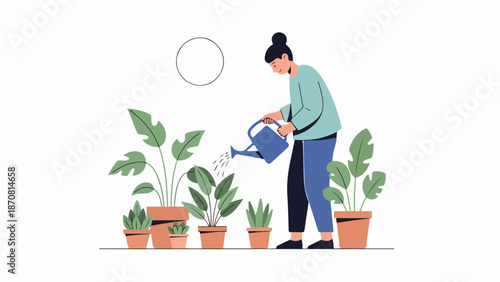 Woman waters potted plants in a minimalist indoor setting
