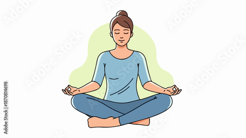 Woman in meditative pose with light blue shirt and dark blue pants on a soft light green gradient background