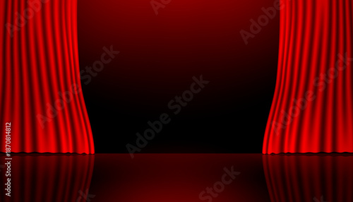 Red velvet stage curtains opening to a dark center with reflection on floor