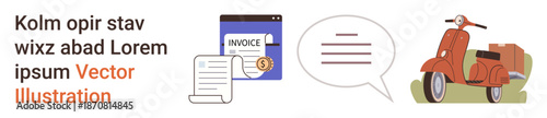 Financial transactions, document management, communication, ecommerce, logistics, delivery services. Features invoice files, scooter and speech bubble. Financial transactions and document management