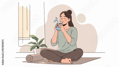 Woman sitting cross-legged on yoga mat with transparent glass mug in serene indoor setting