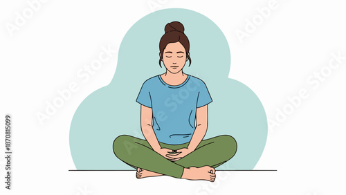 Young woman in meditative pose with light blue t-shirt and green pants on gradient background