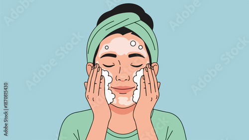 Woman with dark hair wrapped in a light green towel applying foaming facial cleanser on her face