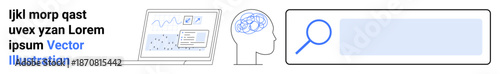 Data analysis, neuroscience, web search, digital tools, AI applications, online study. Laptop with graphs, brain profile and search icon. Data analysis and neuroscience concept