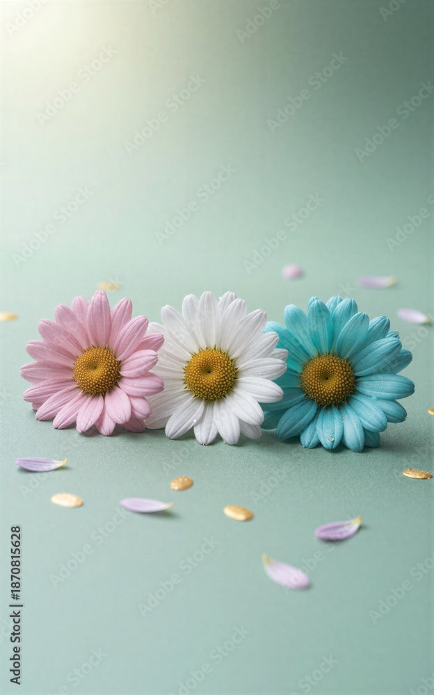 Obraz premium Three colorful daisies on mint green, scattered petals nearby. Soft pastel tones, minimalist still life.