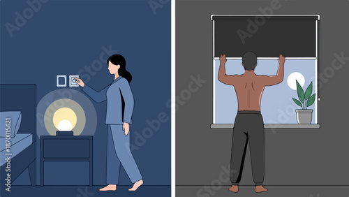 Split-frame illustration of a woman adjusting a round-lamp in a dimly lit bedroom and a man by a window at night
