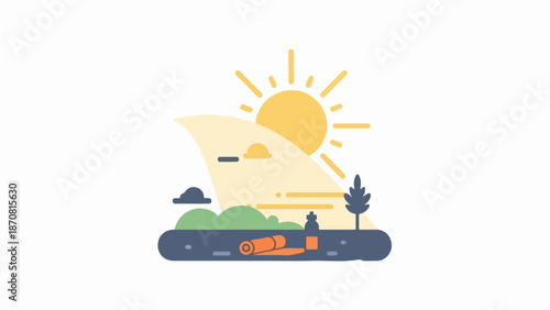 Sunlit rural landscape with a large beige sail, green hill, blue barrel, and orange carrots