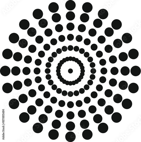 Abstract pattern of black dots forming a concentric, radiating, and spiral design