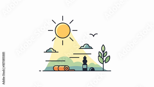 Campsite with sleeping bag, stove, and water bottle in a scenic outdoor landscape with rolling hills and a green tree