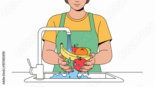 Male washing fresh fruits at a kitchen sink with running water