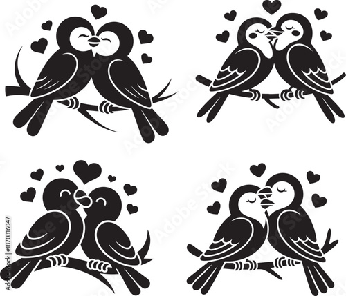 Set of black birds perched together surrounded by hearts a symbol of love