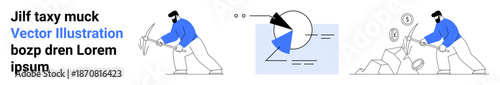 Man breaking rocks with pickaxe, analyzing data pie chart, collecting money with coins. Ideal for work process, mining, finance, labor, data analysis, productivity themes simple landing page