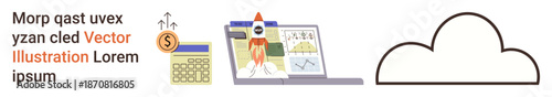 Cloud computing, business growth, financial planning, startup innovation, data analysis, digital tools. Visual of a laptop, rocket charts cloud and calculator. Cloud computing and business growth