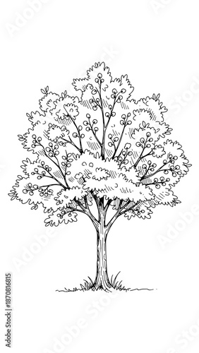Detailed line art of cherry tree with leaves and fruit for pruning and horticultural instruction