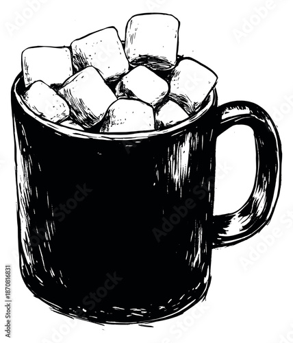 Hand drawn line art illustration of a mug full of marshmallows depicting a cozy treat for winter holidays