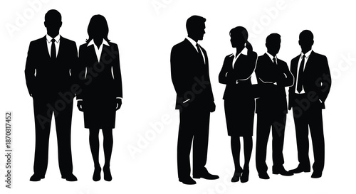 Group of business professionals standing together in a dark silhouette