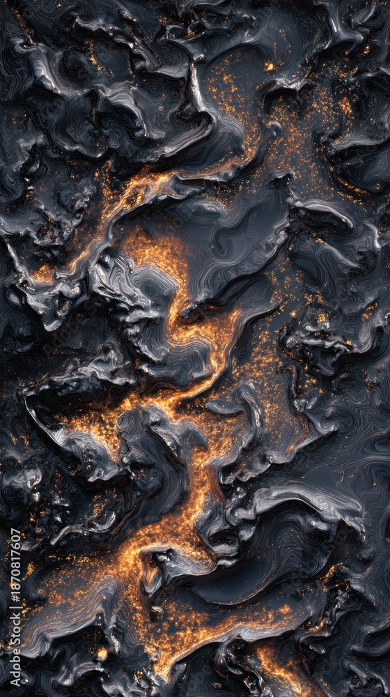 Obraz premium Abstract Lava Flow: A Dark Gray Marble-Like Texture With Golden Glimmering Veins And Fiery Oranges Creating Dramatic, Fluid Patterns For Bold Visual Impact