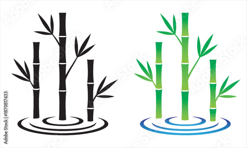 Bamboo Stalks in Water Ripples Zen Nature Icon Set Black and Green Vector