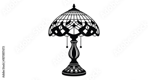 Detailed tiffany style lamp illustration in black and white silhouette