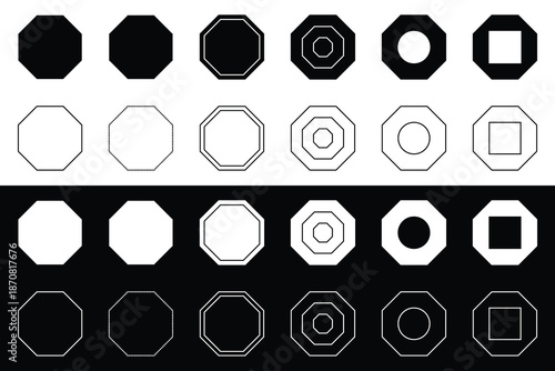 Vector Set of Octagon Symbols in Black and White Outline Style.