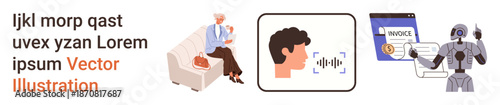 Elderly assistance, speech recognition, AI, automation, digital services, invoicing. Elderly person on a couch, sound waves near a head and robot handling invoice. Elderly assistance and speech