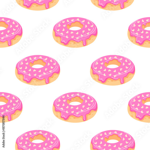 Pink frosted donut with heart shaped sprinkles seamless pattern in flat style. Wallpaper with dessert for Valentine Day, romantic holiday and sweet celebration.