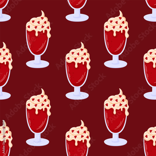 Drink with dessert seamless pattern with creamy topping and red heart in flat style. Background design for Valentine Day, celebration, romance and festive food illustration.