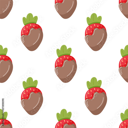 Fresh strawberry with chocolate dipped seamless pattern in flat style. Design for dessert cafe package.