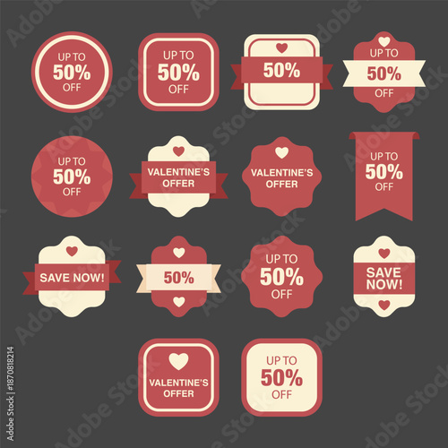 Valentine's day sale badges collection with up to 50% off and save now offers