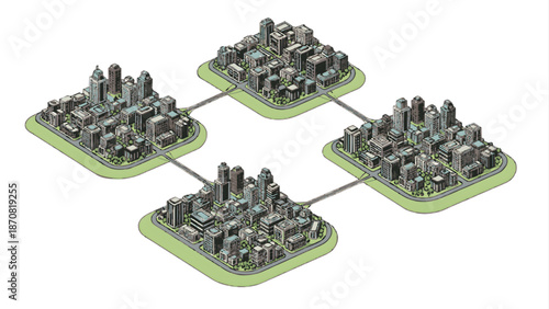 Urban network illustration connecting multiple city districts with roads and buildings in isometric view