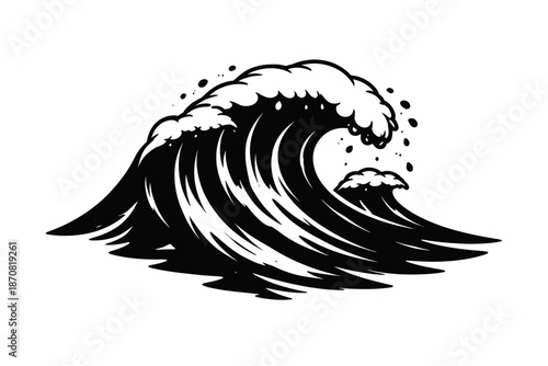 Black and White Stylized Curling Ocean Wave with Foam and Spray
