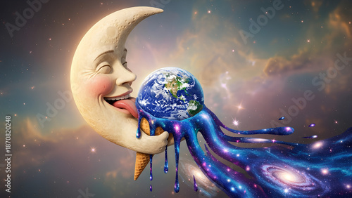 A surreal crescent moon licks an Earth-shaped ice cream, melting into galaxies, blending whimsy, cosmic fantasy, humor, and dreamlike imagination against a star-filled universe backdrop.
