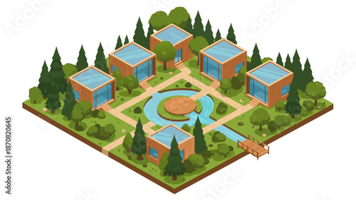 Modern Eco-Village Isometric Vector Illustration of Sustainable Housing and Community Green Spaces