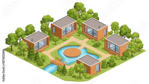Isometric Vector Illustration of a Modern Eco-Friendly Resort With Cabins Surrounded by Greenery and Water