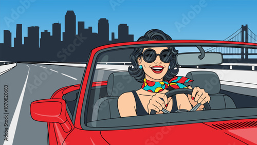Retro stylish woman driving a red convertible on a highway vector illustration with cityscape background