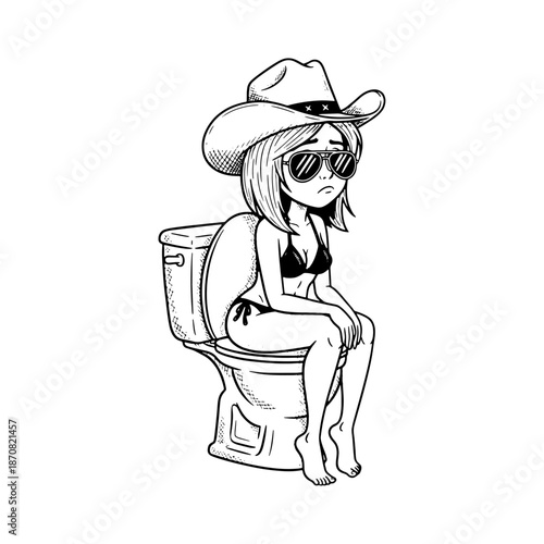 Funny Sad Cowgirl on Toilet Cartoon, Bored Western Girl Bathroom Humor Meme Illustration, T-Shirt Design Vector PNG