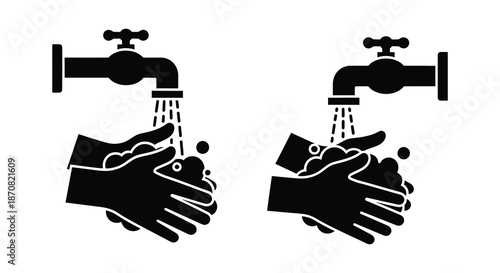 Two water taps with hands washing below a stark black silhouette