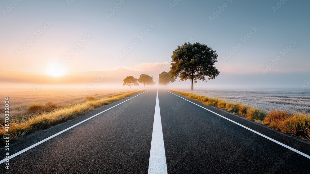 Fototapeta premium Empty road leading into sunrise symbolizing journey direction future opportunities hope progress and personal growth concept background, Generative AI